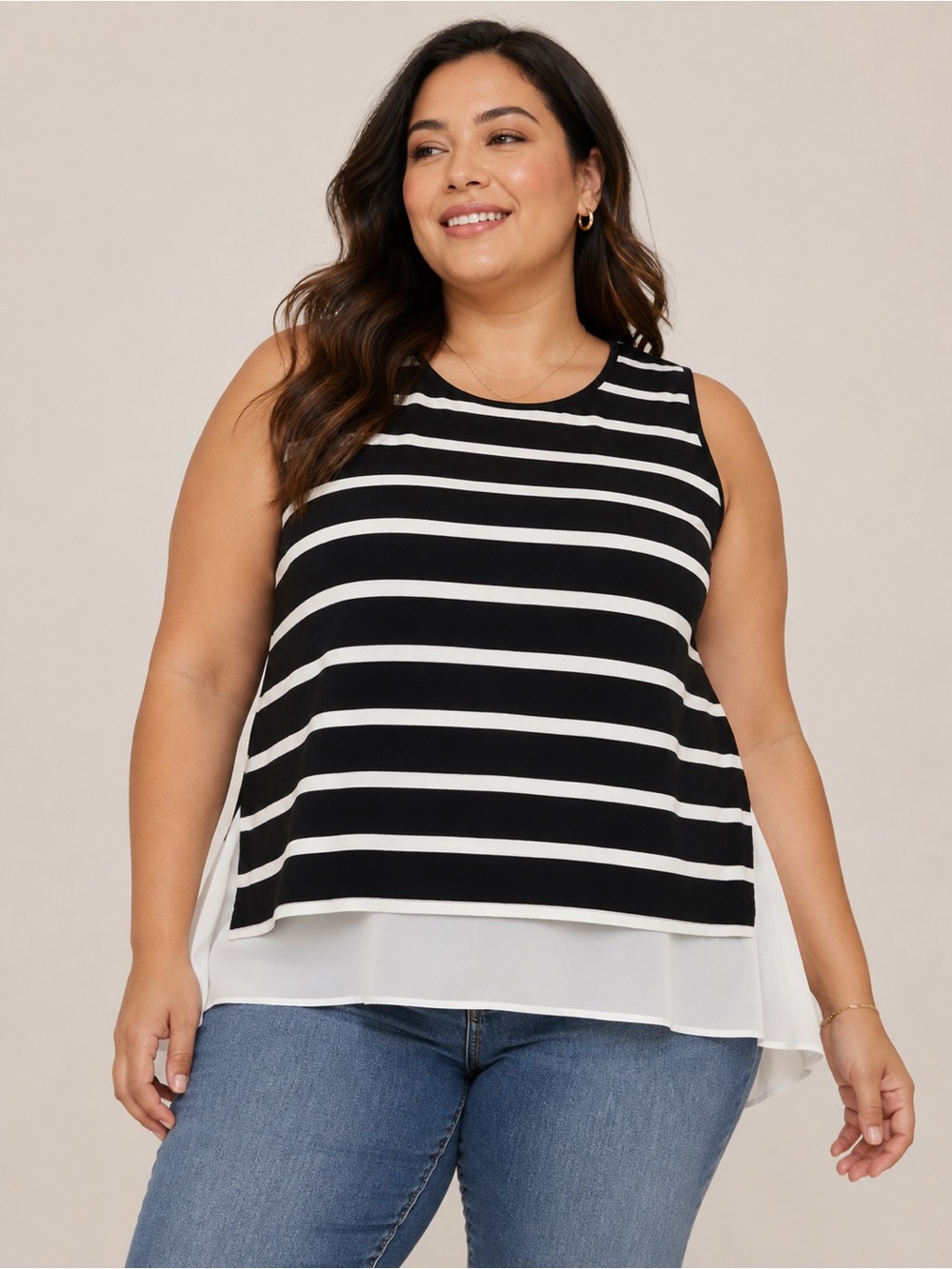 Adrianna‎ Papell Plus Size 1X Black White Striped Layered Sleeveless Blouse top